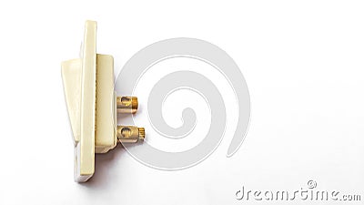 Electric power switch isolated on white background, electronic component on off switch closeup, copy space Stock Photo