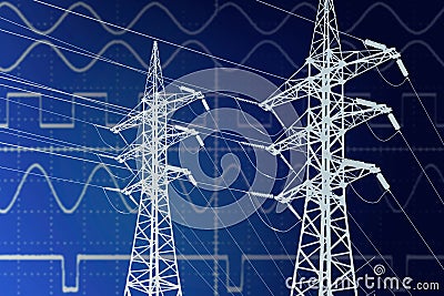 Electric power transmission line towers on current sinusoidal diagram background. Blueprint line art drawing illustration. Concept Cartoon Illustration