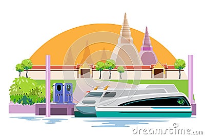 Electric powered boats moored at the pier, charging. electric boat charging station. Vector Illustration