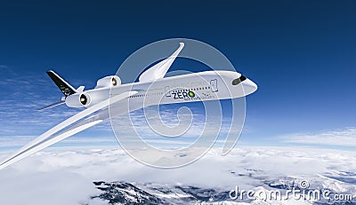 electric powered commercial Aeroplane flying in the sky - future electro energy aviation concept Stock Photo