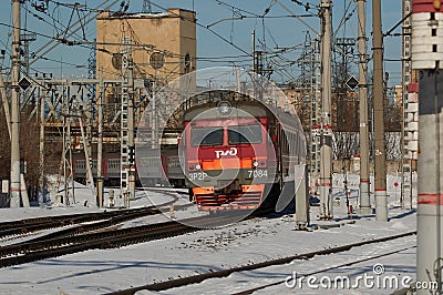 Electric public train in winter Europe Editorial Stock Photo