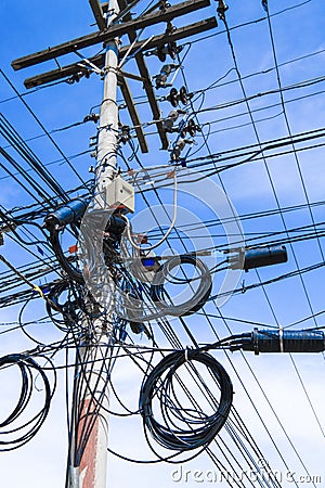 Electric pylon with electric wiring Stock Photo