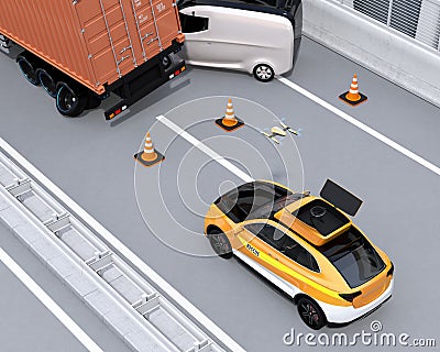 Electric rescue SUV released drone to recording car accident on highway Stock Photo