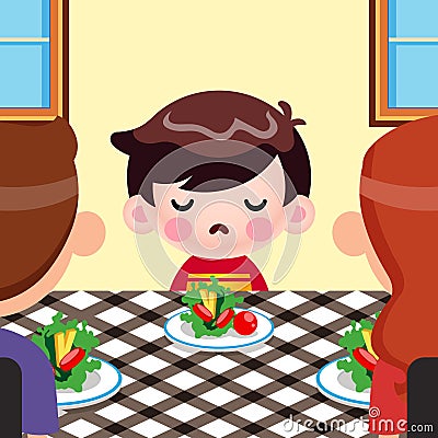 Cute Cartoon Little Boy Not Want To Eat Vegetables, And Parents Tries To Persuade him in one layer Vector Illustration