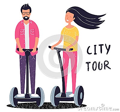 Electric scooter city tour concept. Boy and girl use eco transport for traveling. Active leisure. Vector illustration Vector Illustration