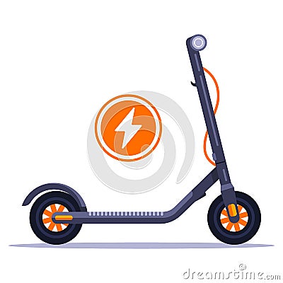 Electric scooter rental in the city. Connect the charger to an environmentally friendly vehicle. Vector Illustration