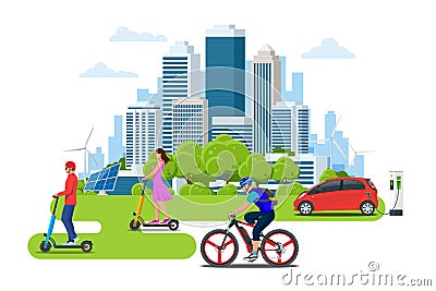 Electric Scooter on the road. Electric scooter transportation you can rent for a quick ride. Eco city transport. Vector Illustration