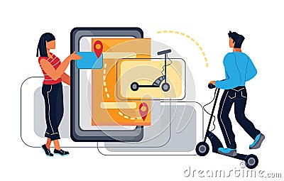Electric scooter sharing or rental via mobile app. Vector Illustration