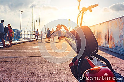 Electric Scooter Transport Vehicle, Rent For Tourist, Parked In Pier Ecologic Urban Transportation Concept Stock Photo