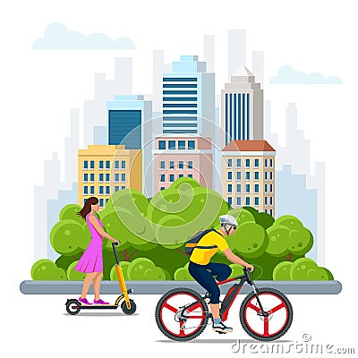 Electric scooters and bike for rent. Urban transportation. Modern technologies. Vector Illustration