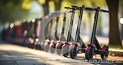 Electric scooters waiting at the curb ready to be rented and driven away. Electric urban transportation. Generative AI Stock Photo