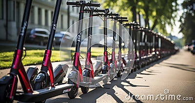 Electric scooters waiting at the curb ready to be rented and driven away. Electric urban transportation. Generative AI Stock Photo