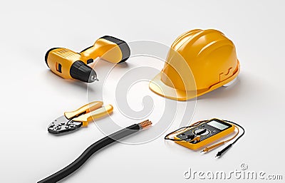 Electric screwdriver, helmet, crimping pliers Stock Photo