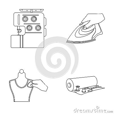 Electric sewing machine, iron for ironing, marking with chalk clothes, roll of fabric and other equipment. Sewing and Vector Illustration