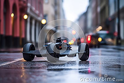 electric skateboard with wireless remote control on urban street Stock Photo