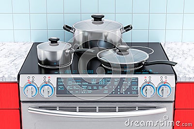 Electric slide-in convection range with pot, pan and frypan. 3D Stock Photo