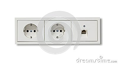 Electric sockets and network line. White background. Close up view with details. Stock Photo