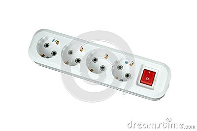 This is an electric splitter for four outlets with a power button. Isolated on a white background. Stock Photo