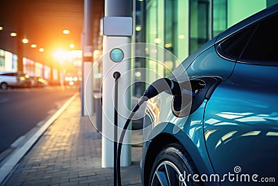 An electric sports car charging at a high-tech electric charging station Stock Photo