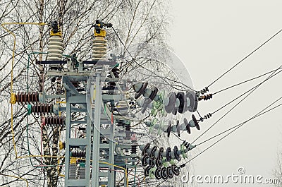 Electric substation and power transmission line Stock Photo
