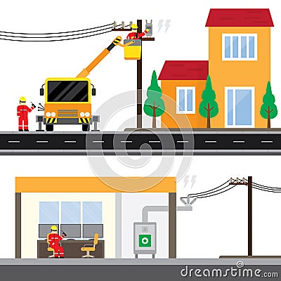 Electric technician repair the electrical transmission line Vector Illustration