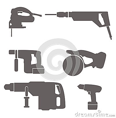 Electric tools (Circular saw, Jigsaw, drill rotary hammer, impact drill, demolition hammer) Vector Illustration