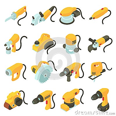 Electric tools icons set, isometric cartoon style Vector Illustration