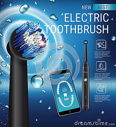 Electric toothbrush ads. Vector 3d Illustration with vibrant brush and mobile dental app on the screen of phone. Vector Illustration