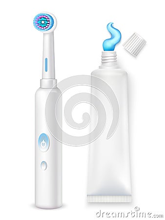 Electric Toothbrush And Toothpaste Tube Set Vector Illustration