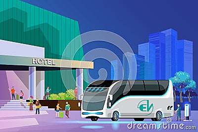 Electric tour bus charging point. Service for tourists staying at the hotel. Vector Illustration