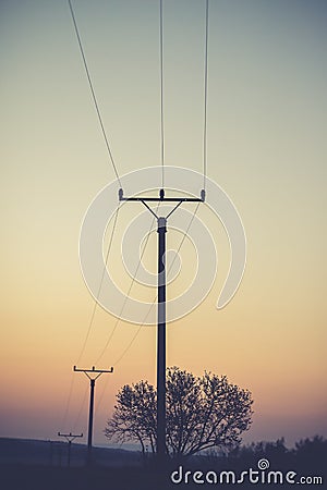 Electric tower cable nature landscape trees energy industry sunset mist Stock Photo