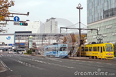 Electric Tramway in downtown Okayama Editorial Stock Photo