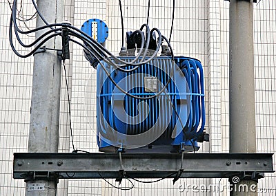 Electric transformer in blue Stock Photo