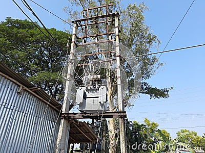 Electric Transformer High Resolution in India, High Voltage Transformer image, Background, Selective Focus Stock Photo