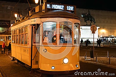 electric transport that runs on rails in the city of Lisbon at night Editorial Stock Photo