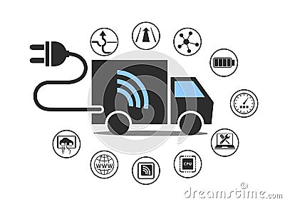 Electric truck symbol with power plug and various icons. Vector Illustration