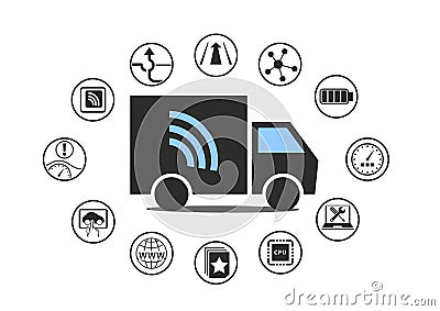 Electric truck symbol with power plug and various icons. Vector Illustration