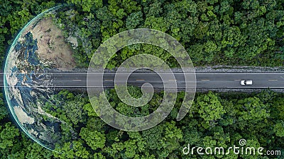 Electric vehicle car going through forest, EV electrical energy for environment, Nature power technology sustainable devlopment Stock Photo