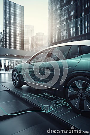 Electric vehicle changing on street parking with graphical user interface, Future EV car concept AI generated Stock Photo