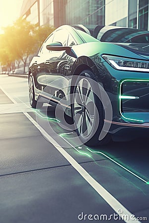 Electric vehicle changing on street parking with graphical user interface, Future EV car concept AI generated Stock Photo