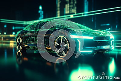 Electric vehicle changing on street parking with graphical user interface, Future EV car concept AI generated Stock Photo