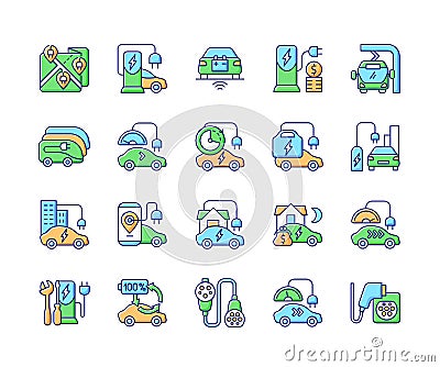 Electric vehicle charging RGB color icons set Vector Illustration