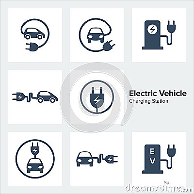 Electric Vehicle Charging Station Icons Set Vector Illustration
