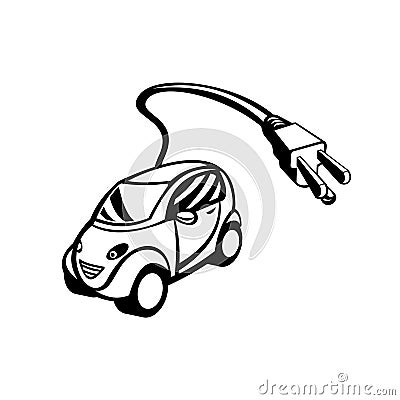 Electric Vehicle or Green Car with Plug Coming Out Retro Black and White Vector Illustration