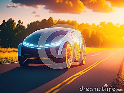 Electric vehicle prototype on the road brige. ai generative Stock Photo