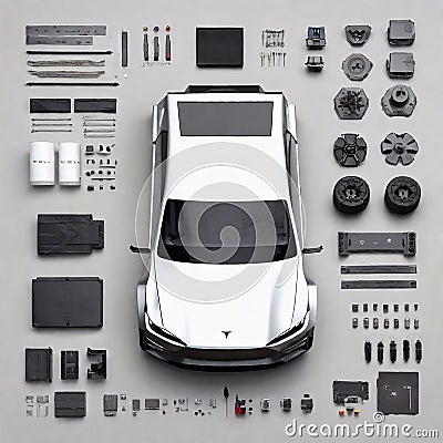 Electric Vehicle Tesla Cybertruck Car Components Electronics Parts Screws Nuts Bolts Engine Exploded View Perspective Chips Stock Photo