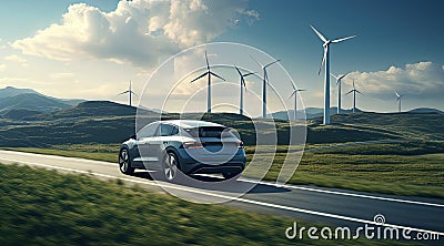 Electric vehicle traveling on a windmill road. Stock Photo