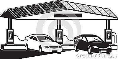 Electric vehicles at charging station with photovoltaic panels Vector Illustration