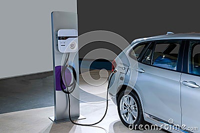 Electric vehicles and electric vehicle charging stations Editorial Stock Photo