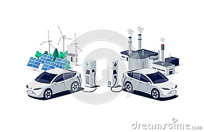 Electric Versus Gasoline Car Comparison with Renewables and Fossil Energy Vector Illustration
